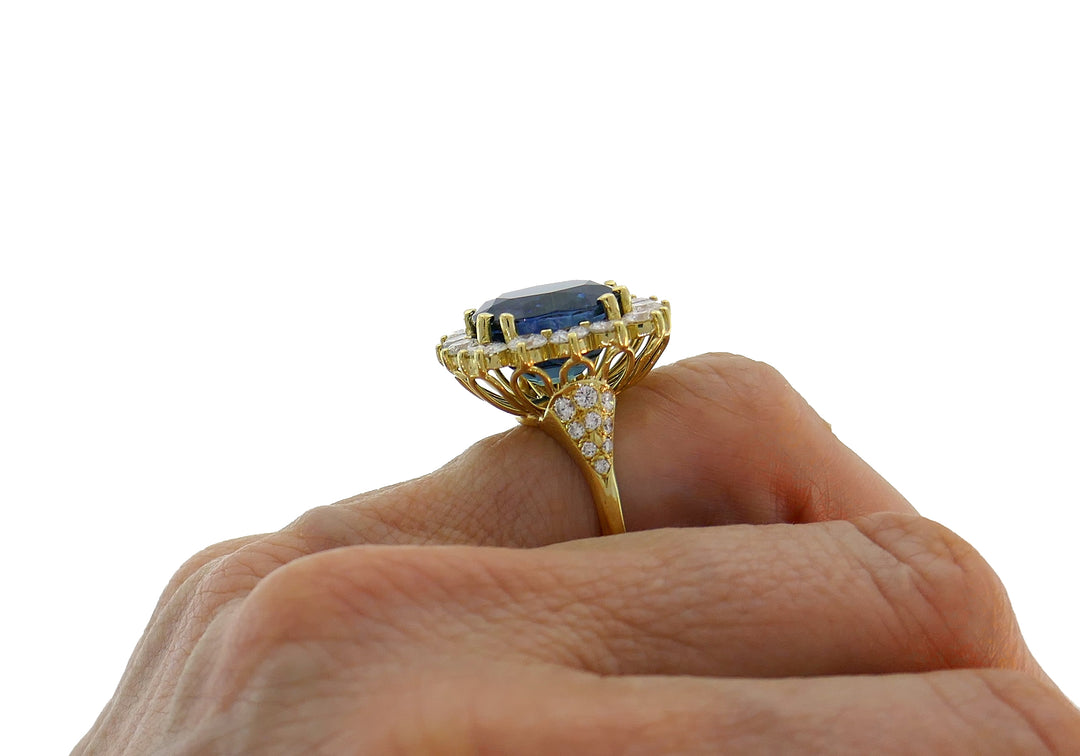 Natural Sapphire Diamond Gold Ring, 15.02 Carat No Treatment Guild Lab Report