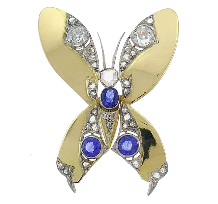 Late Victorian Gold Butterfly Pin Brooch Clip with Diamond and Sapphire