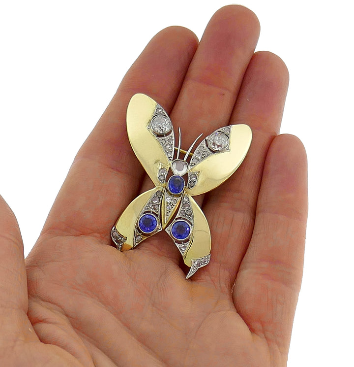 Late Victorian Gold Butterfly Pin Brooch Clip with Diamond and Sapphire