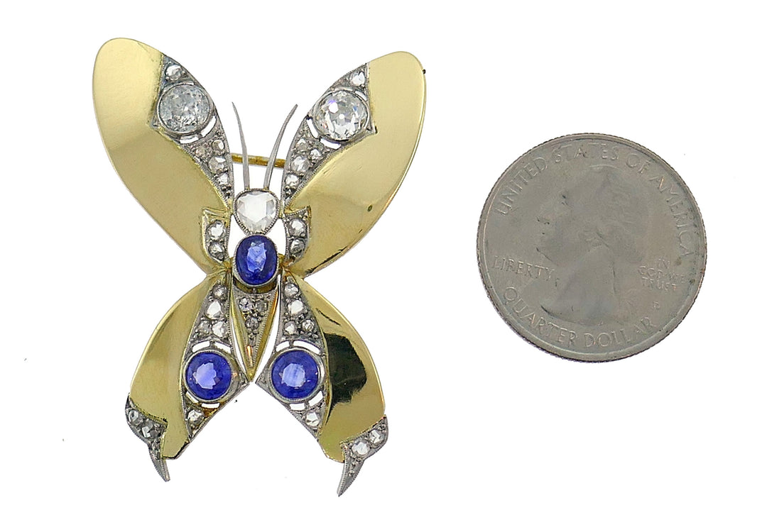 Late Victorian Gold Butterfly Pin Brooch Clip with Diamond and Sapphire