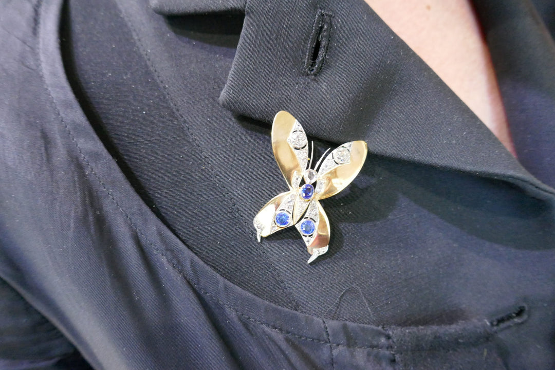 Late Victorian Gold Butterfly Pin Brooch Clip with Diamond and Sapphire