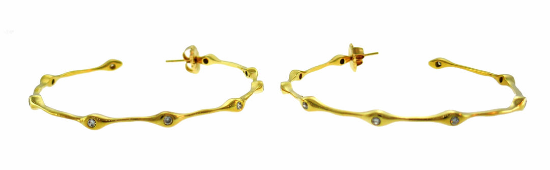 Diamond Yellow Gold Bamboo Hoop Earrings Signed SB