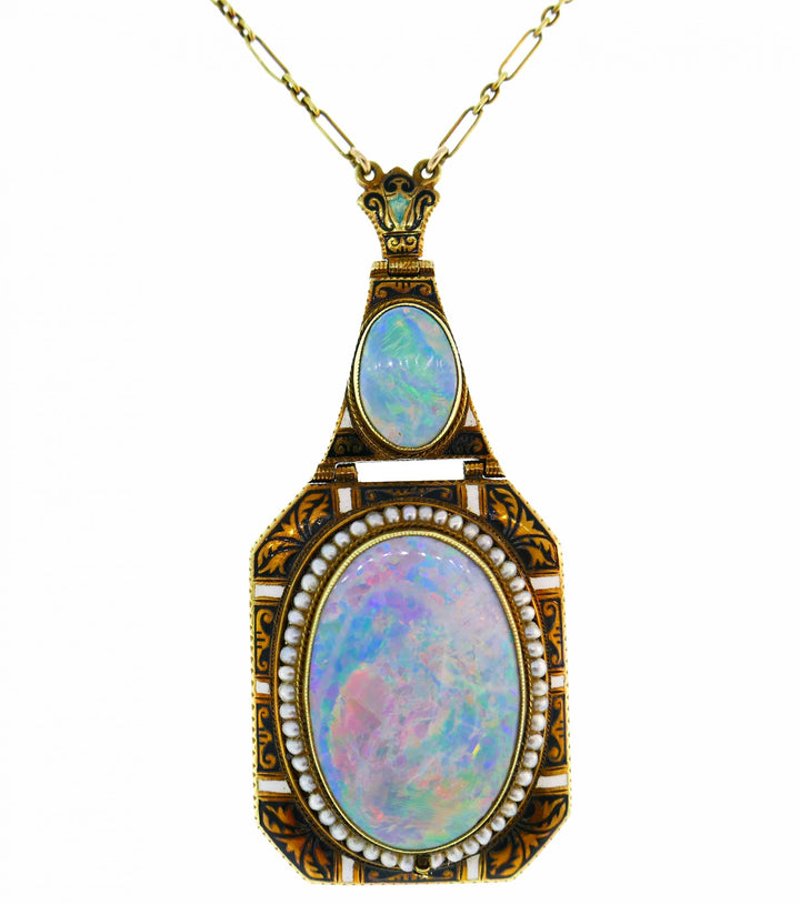 Art Nouveau Opal Yellow Gold Pendant Necklace Antique with Seed Pearl Enamel