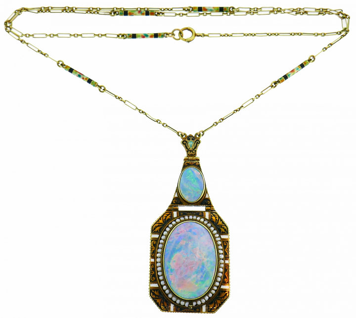 Art Nouveau Opal Yellow Gold Pendant Necklace Antique with Seed Pearl Enamel