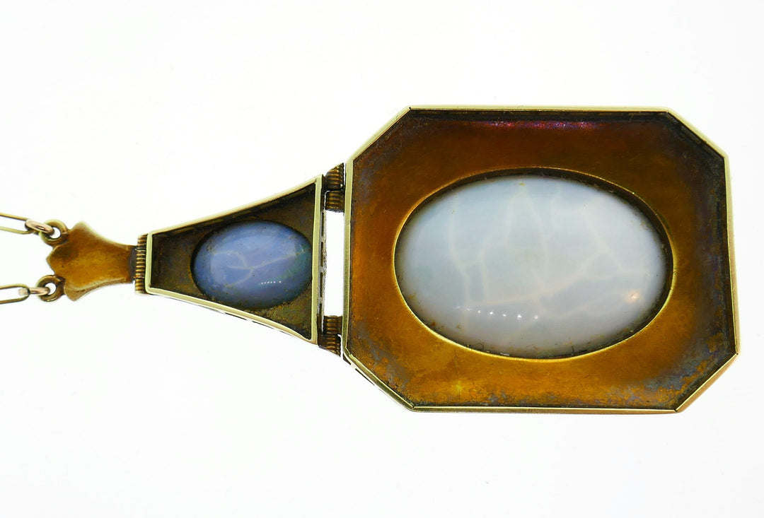 Art Nouveau Opal Yellow Gold Pendant Necklace Antique with Seed Pearl Enamel