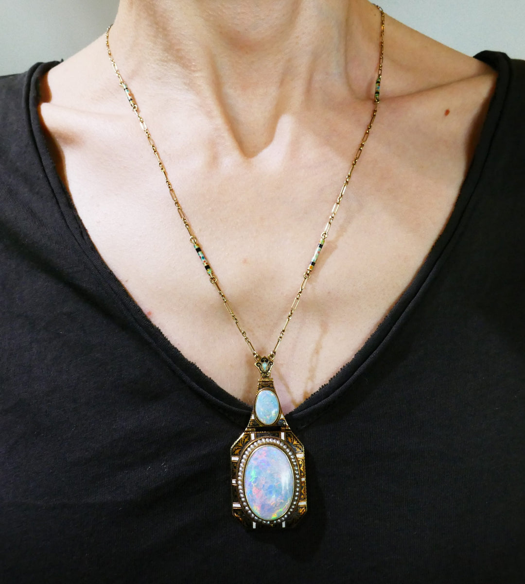 Art Nouveau Opal Yellow Gold Pendant Necklace Antique with Seed Pearl Enamel