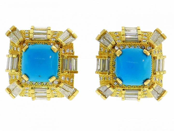 Vintage Turquoise Diamond Yellow Gold Earrings