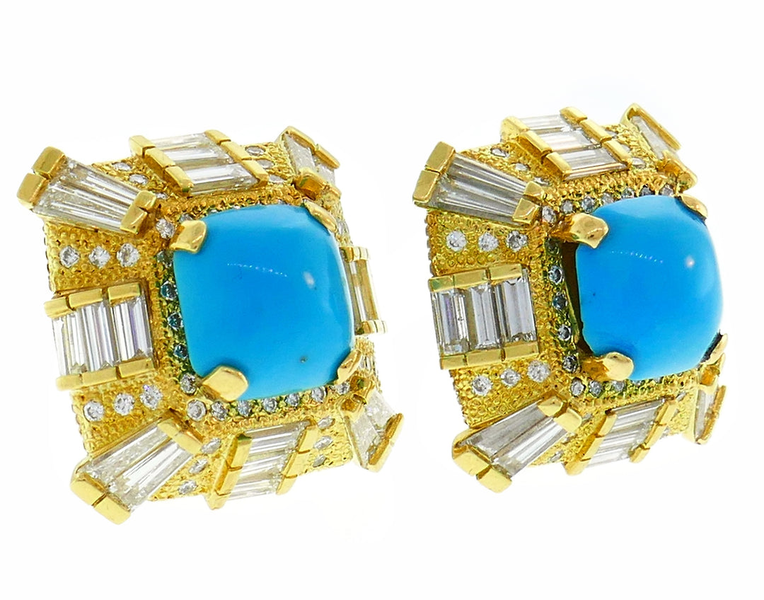 Vintage Turquoise Diamond Yellow Gold Earrings