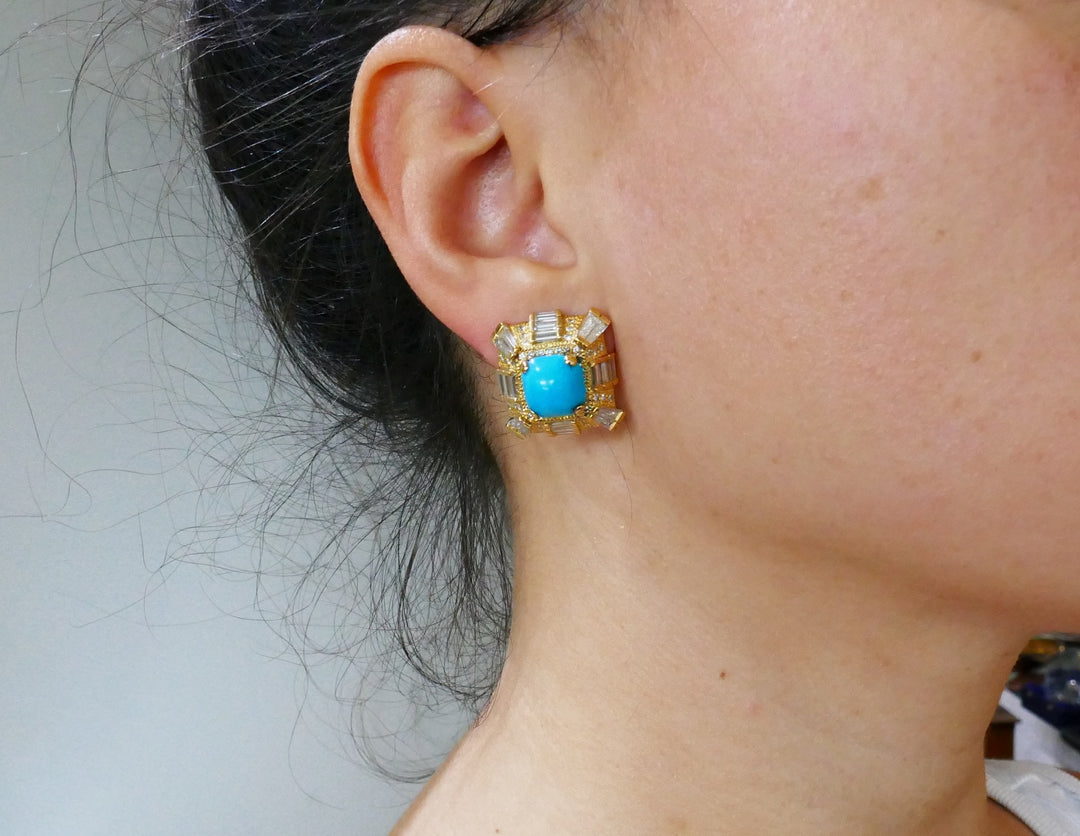 Vintage Turquoise Diamond Yellow Gold Earrings