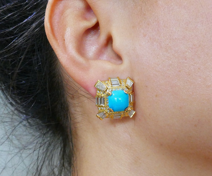 Vintage Turquoise Diamond Yellow Gold Earrings