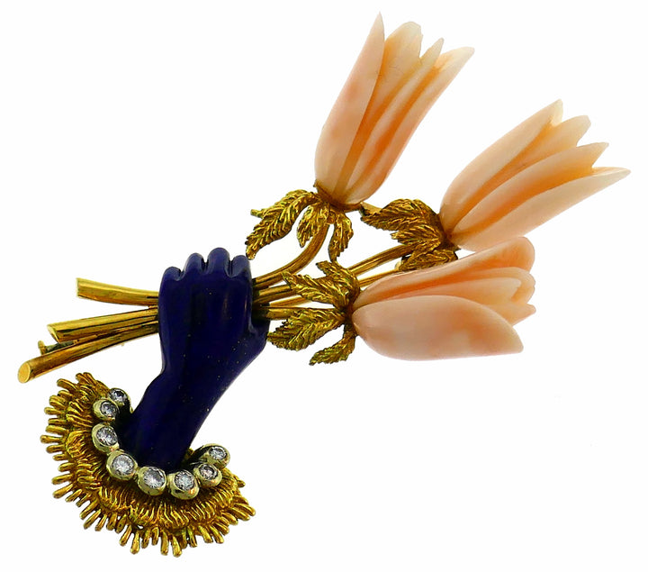 Lapis Coral Diamond Yellow Gold Brooch Pin Clip, 1970s, French