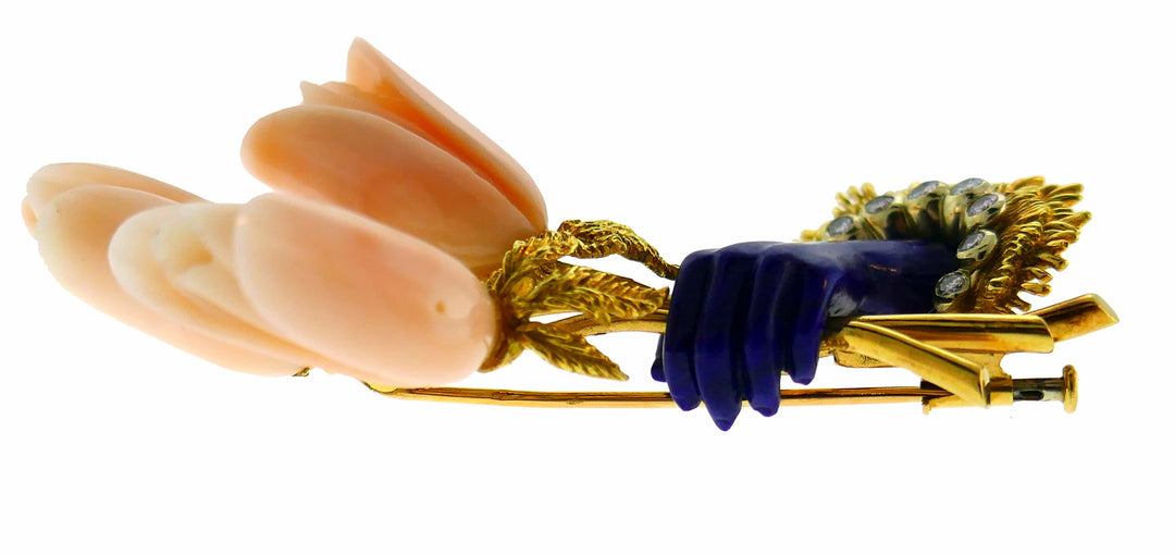 Lapis Coral Diamond Yellow Gold Brooch Pin Clip, 1970s, French