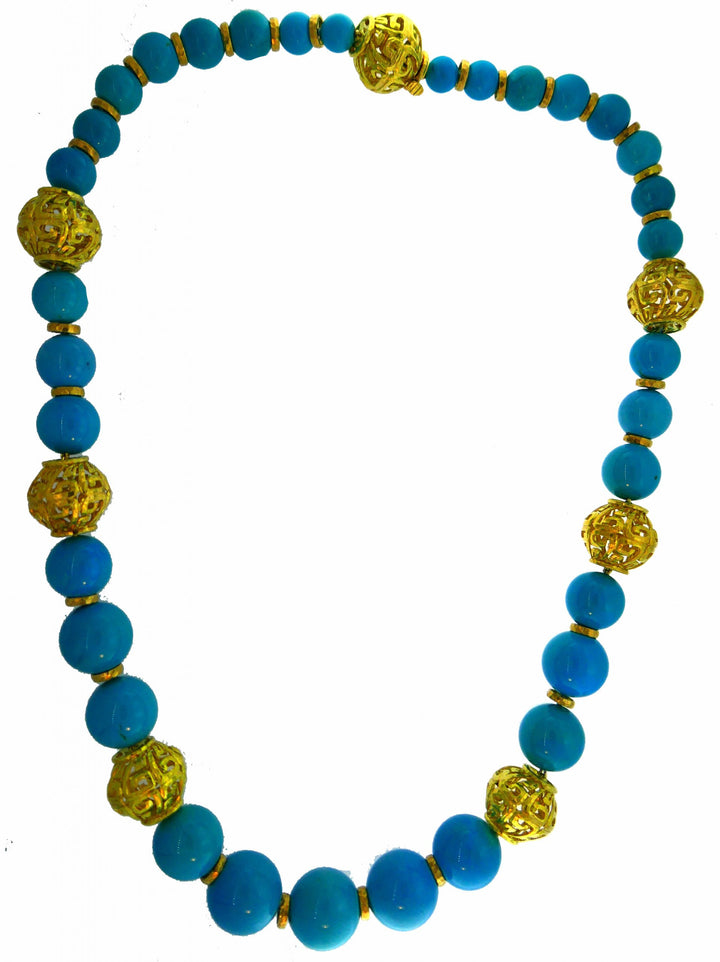 David Webb Turquoise Yellow Gold Bead Necklace, Massive