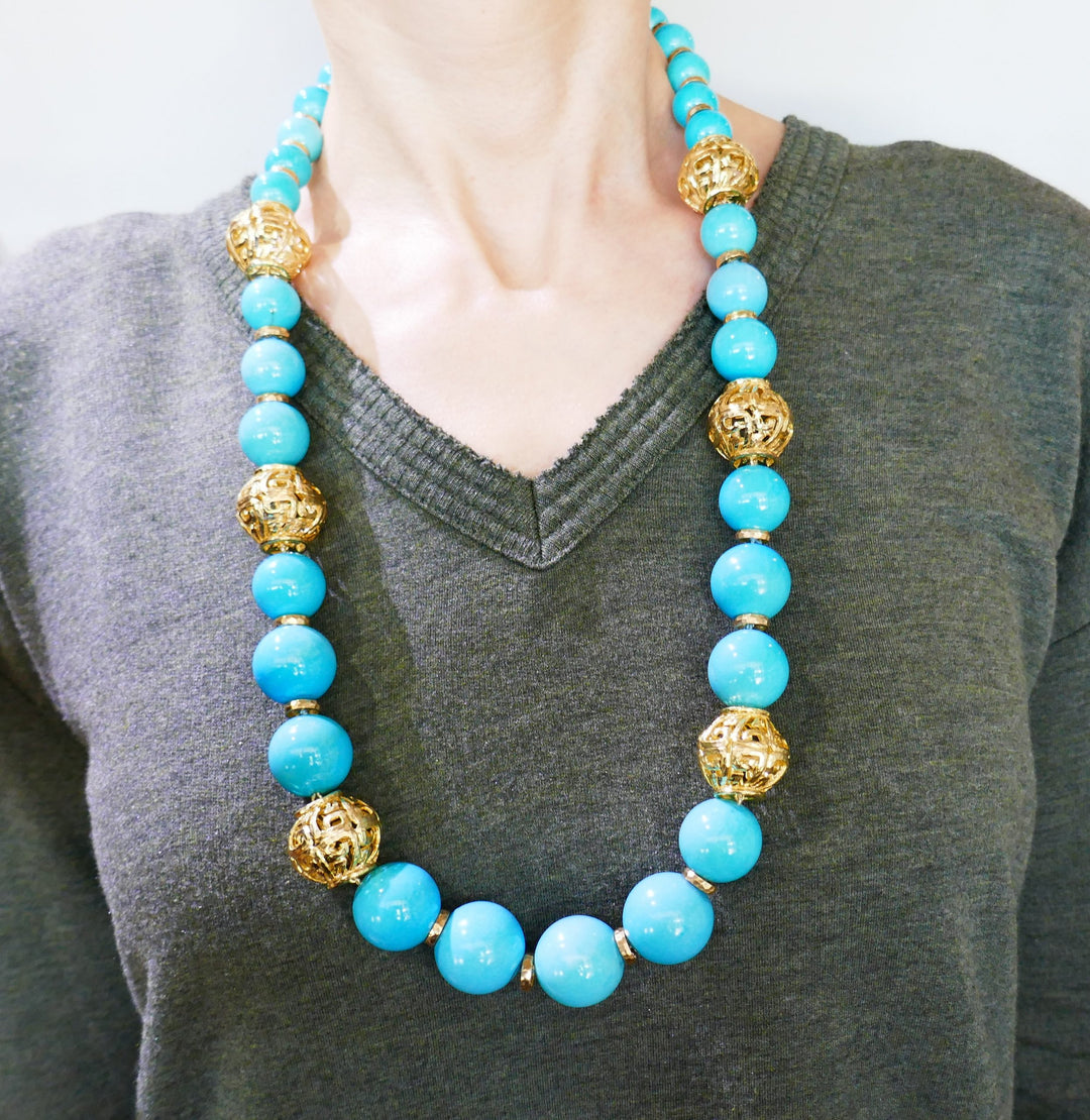 David Webb Turquoise Yellow Gold Bead Necklace, Massive