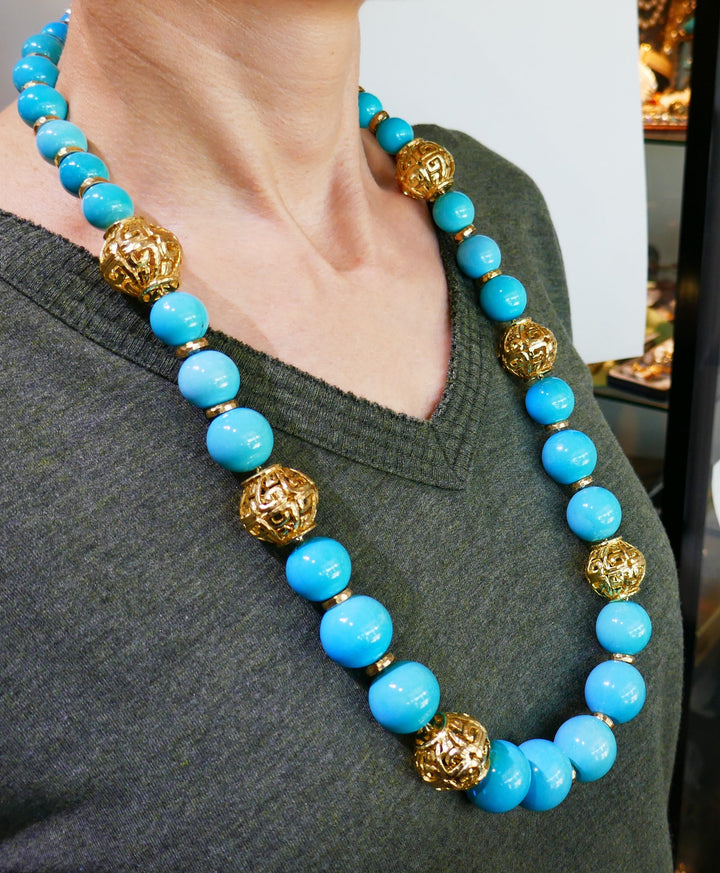 David Webb Turquoise Yellow Gold Bead Necklace, Massive