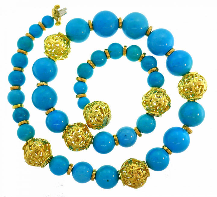 David Webb Turquoise Yellow Gold Bead Necklace, Massive