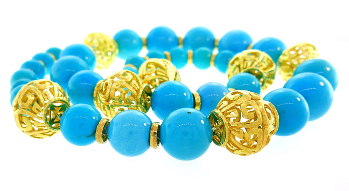 David Webb Turquoise Yellow Gold Bead Necklace, Massive