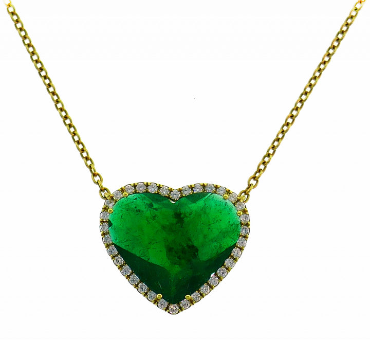 Heart Emerald Diamond Yellow Gold Pendant Necklace