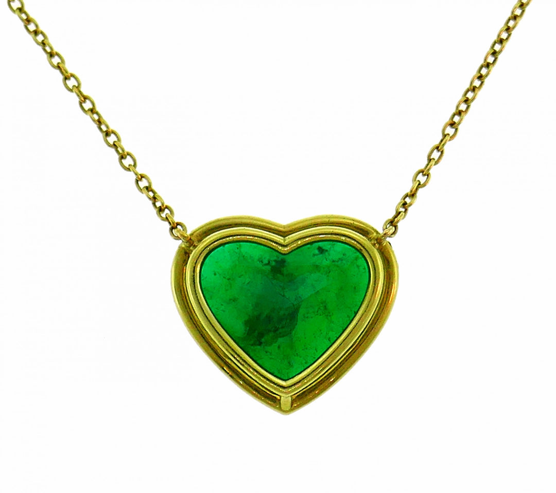 Heart Emerald Diamond Yellow Gold Pendant Necklace