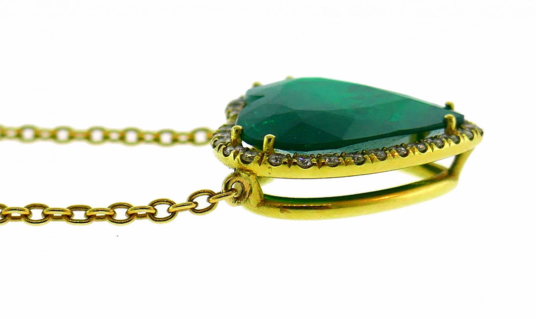 Heart Emerald Diamond Yellow Gold Pendant Necklace