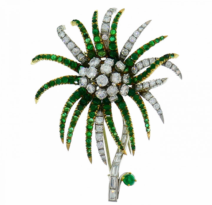 Vintage Diamond Emerald Platinum Yellow Gold Brooch Pin Clip