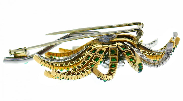 Vintage Diamond Emerald Platinum Yellow Gold Brooch Pin Clip