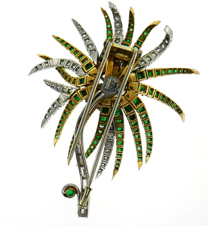 Vintage Diamond Emerald Platinum Yellow Gold Brooch Pin Clip