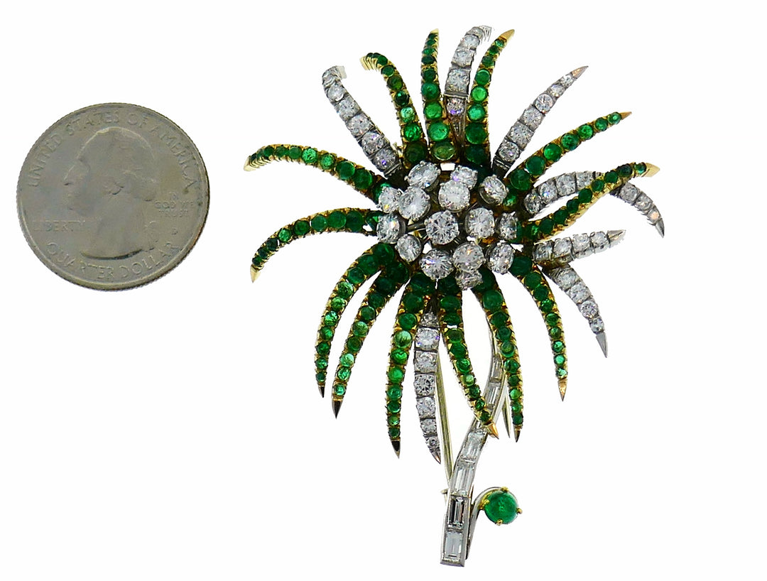 Vintage Diamond Emerald Platinum Yellow Gold Brooch Pin Clip