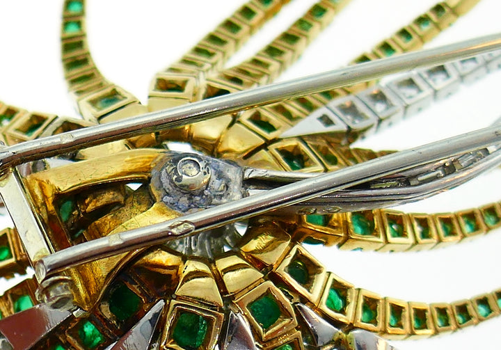 Vintage Diamond Emerald Platinum Yellow Gold Brooch Pin Clip