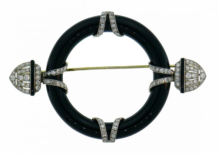 Art Deco Diamond Black Onyx Platinum Pin Brooch Clip, 1910s