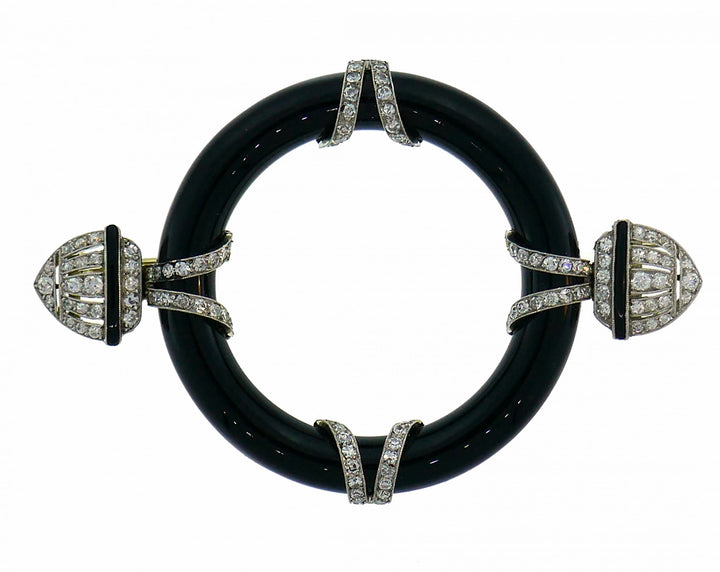 Art Deco Diamond Black Onyx Platinum Pin Brooch Clip, 1910s