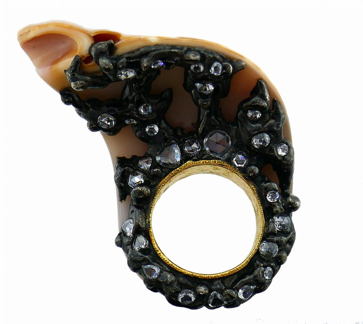 Vintage Shell Diamond Blackened Gold Ring