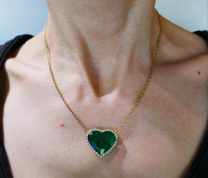 Heart Emerald Diamond Yellow Gold Pendant Necklace