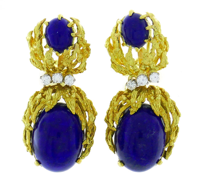 Vintage Satsky Lapis Lazuli Diamond Gold Earrings