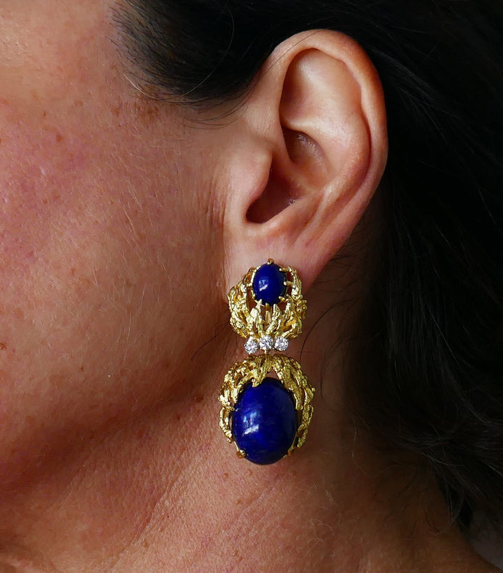 Vintage Satsky Lapis Lazuli Diamond Gold Earrings