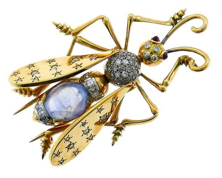 Vintage Retro French Yellow Gold Fly Brooch Pin Clip Moonstone Diamond