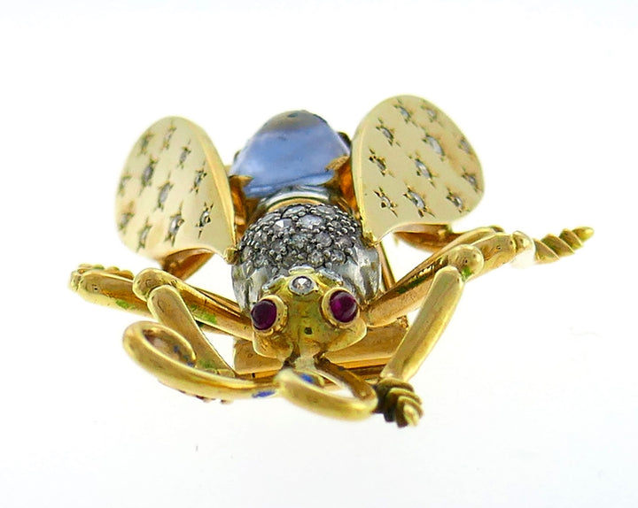 Vintage Retro French Yellow Gold Fly Brooch Pin Clip Moonstone Diamond