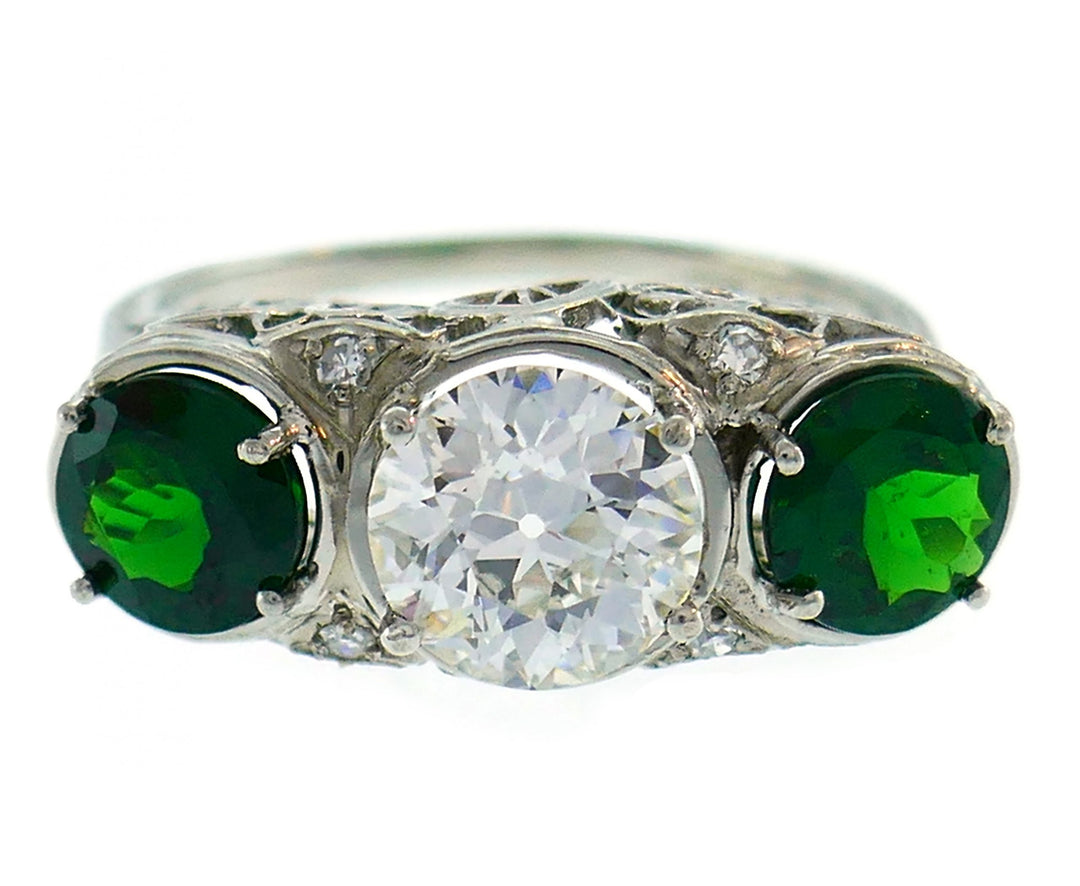 Art Deco Diamond Emerald Platinum Ring Old European Cut 1.20-ct I VVS1 GIA