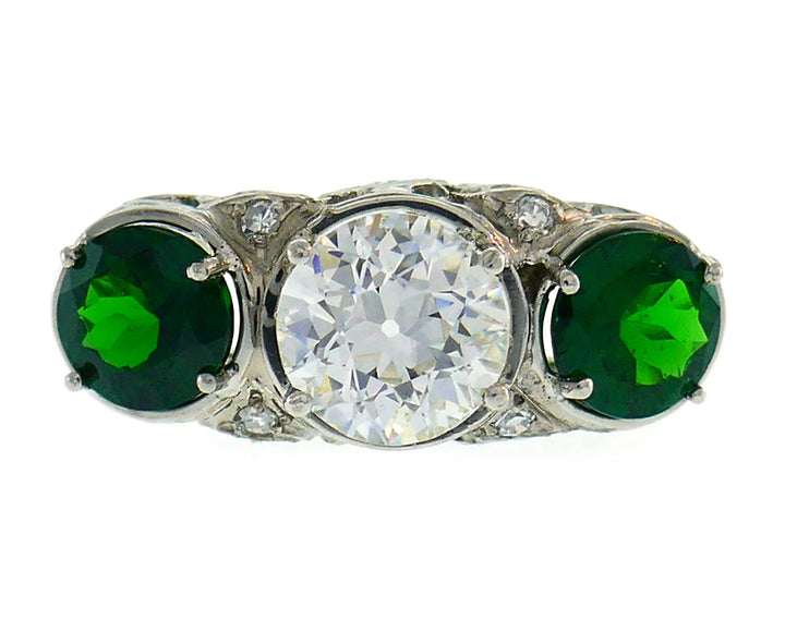 Art Deco Diamond Emerald Platinum Ring Old European Cut 1.20-ct I VVS1 GIA