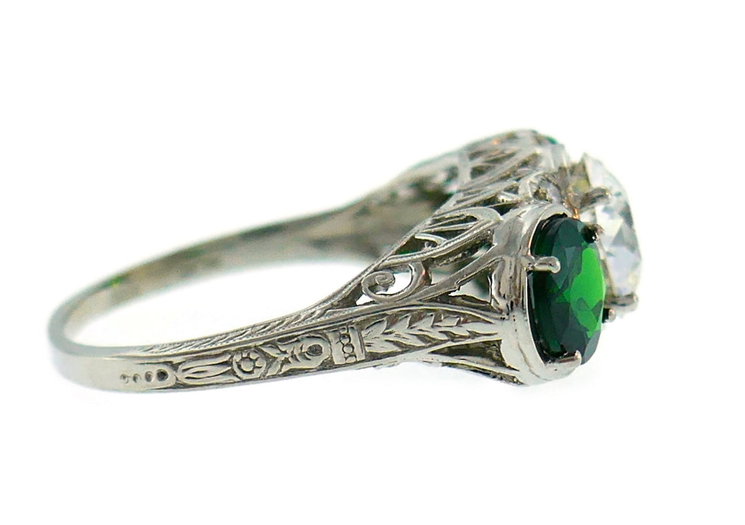 Art Deco Diamond Emerald Platinum Ring Old European Cut 1.20-ct I VVS1 GIA