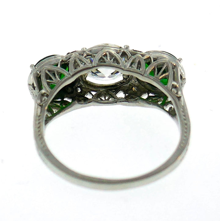 Art Deco Diamond Emerald Platinum Ring Old European Cut 1.20-ct I VVS1 GIA