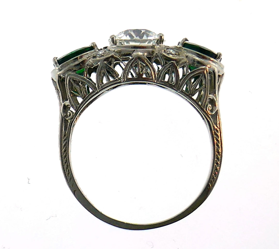 Art Deco Diamond Emerald Platinum Ring Old European Cut 1.20-ct I VVS1 GIA