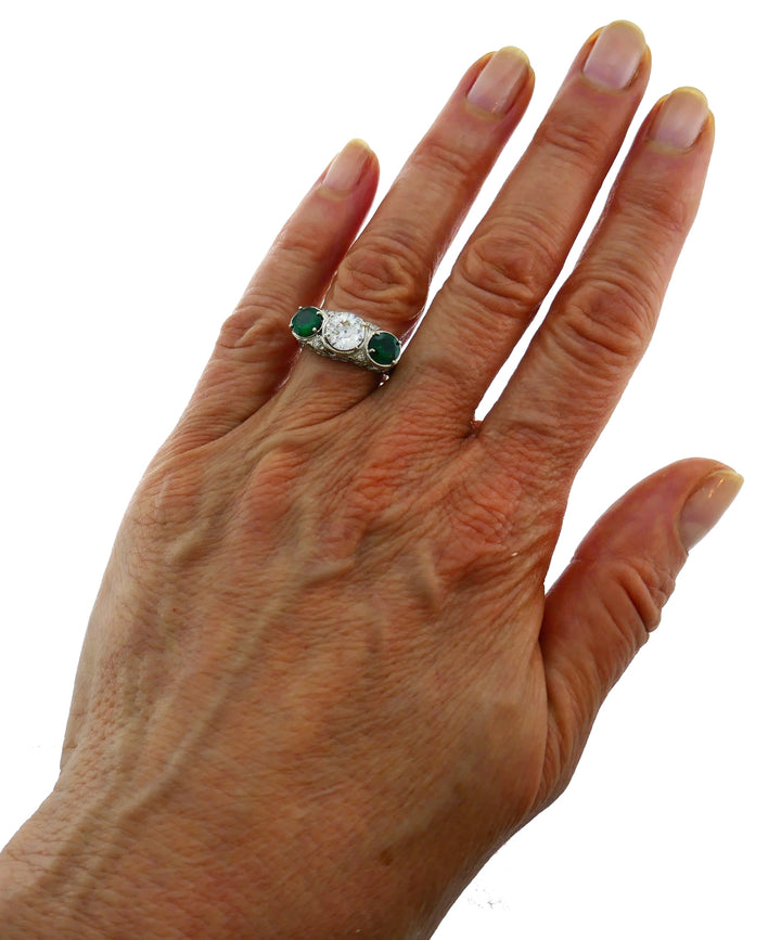 Art Deco Diamond Emerald Platinum Ring Old European Cut 1.20-ct I VVS1 GIA