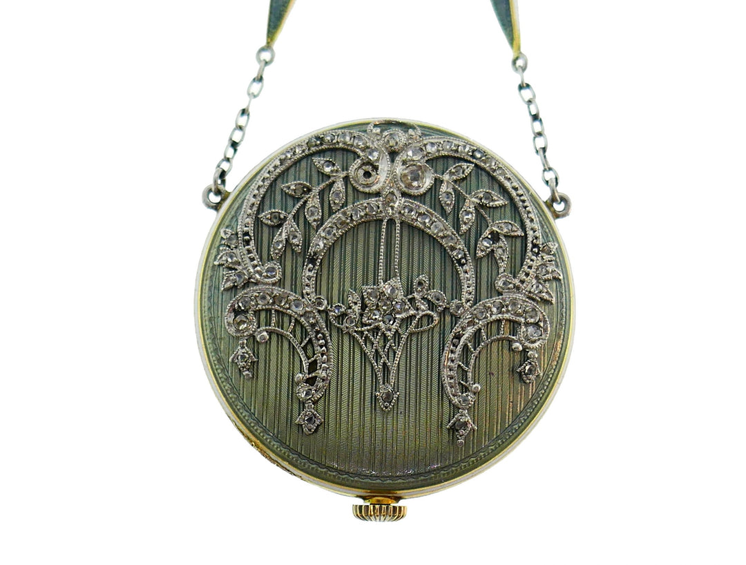 Art Deco Lapel Watch Pendant Pin Diamond Platinum Gold Enamel