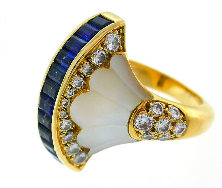 French Yellow Gold Cocktail Ring with Diamond Sapphire Mother of Pearl