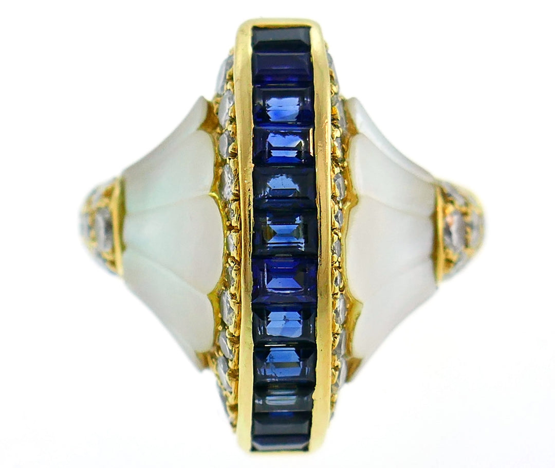 French Yellow Gold Cocktail Ring with Diamond Sapphire Mother of Pearl