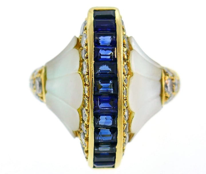 French Yellow Gold Cocktail Ring with Diamond Sapphire Mother of Pearl