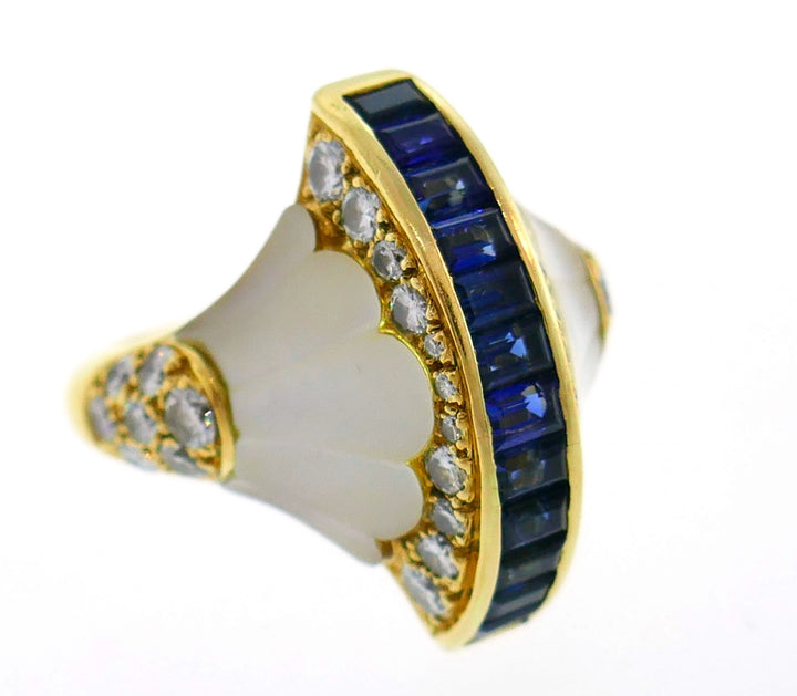 French Yellow Gold Cocktail Ring with Diamond Sapphire Mother of Pearl