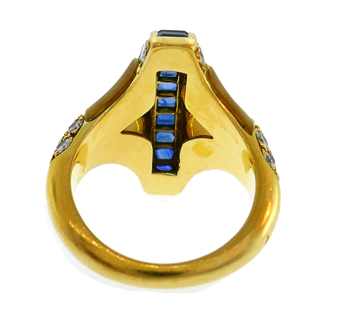 French Yellow Gold Cocktail Ring with Diamond Sapphire Mother of Pearl