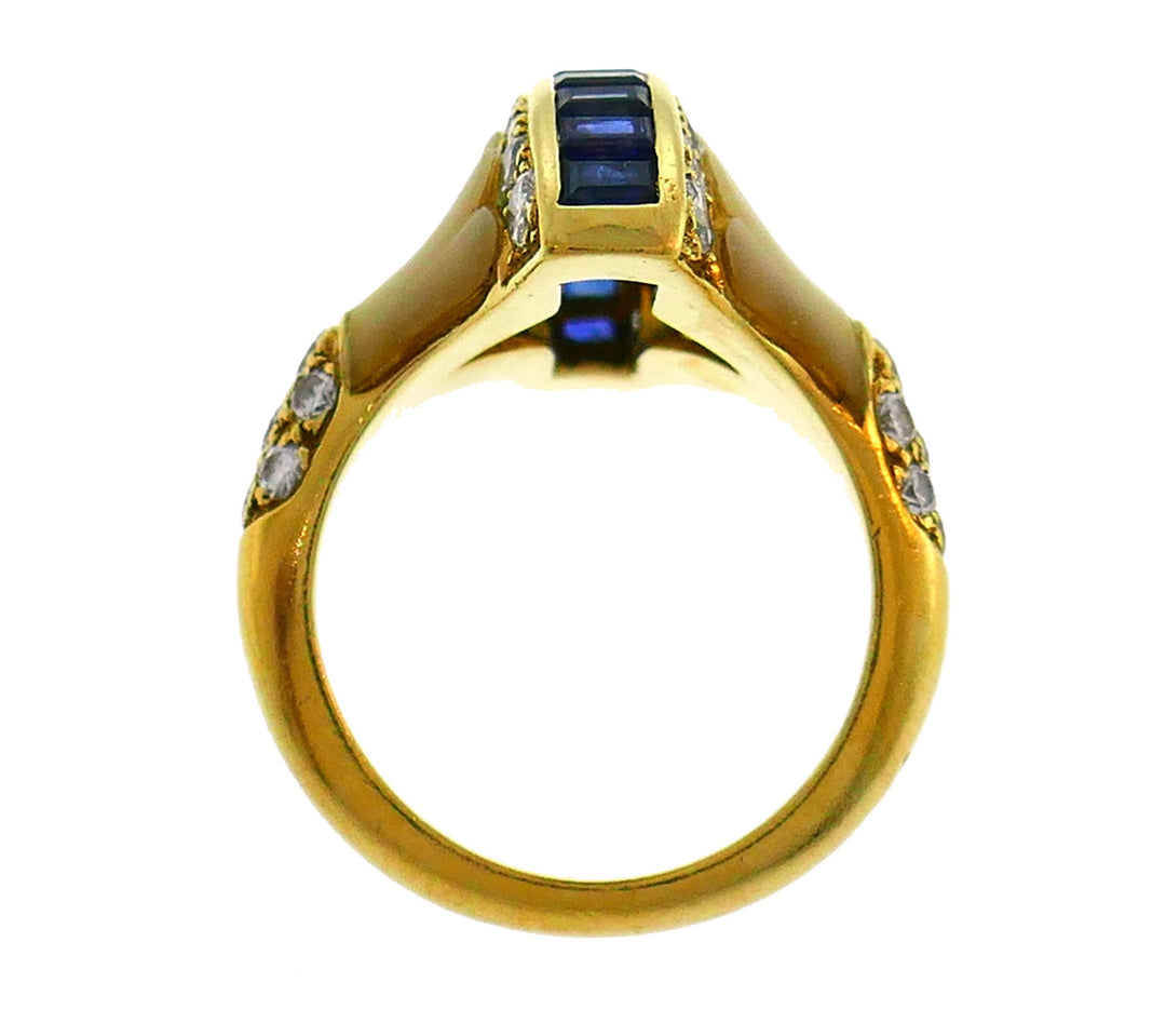 French Yellow Gold Cocktail Ring with Diamond Sapphire Mother of Pearl